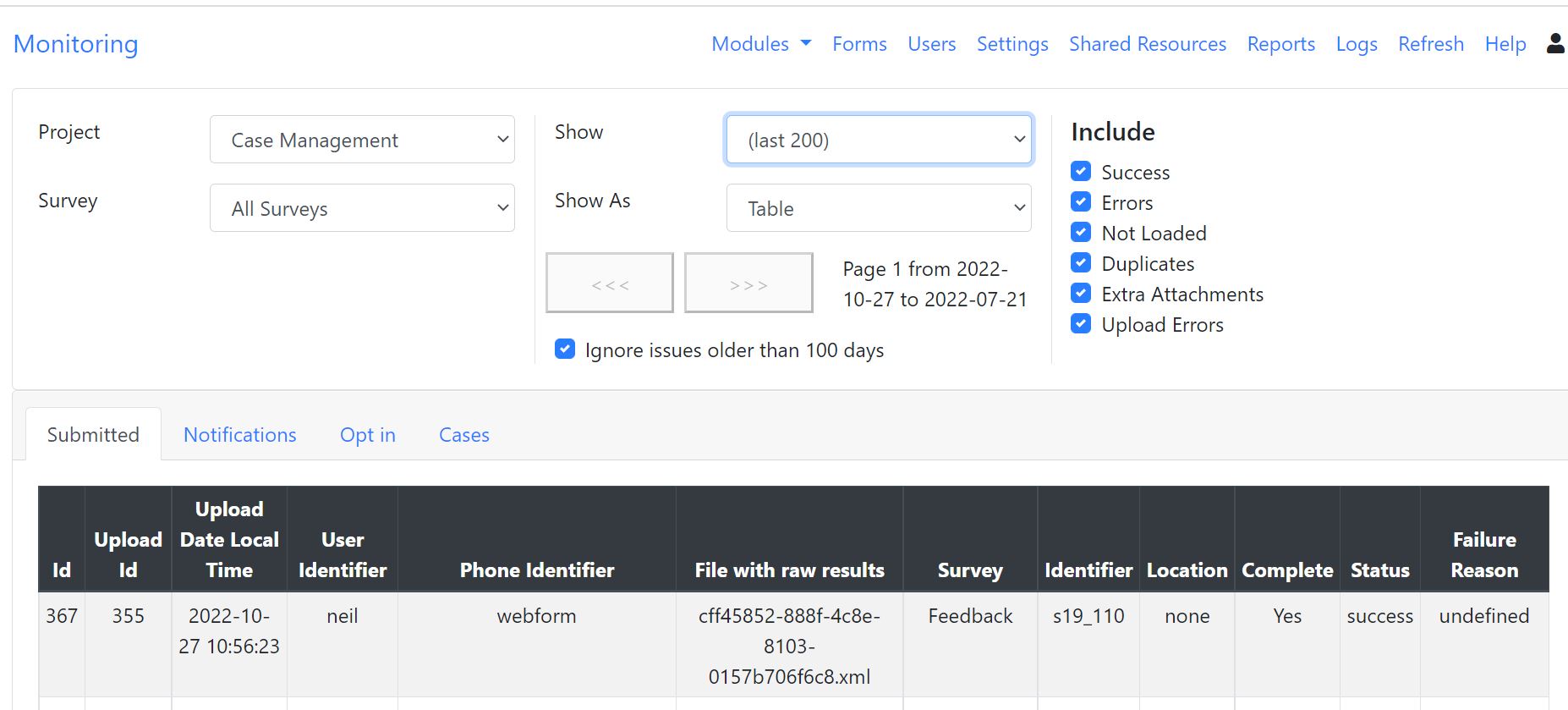 The monitoring page showing submission details