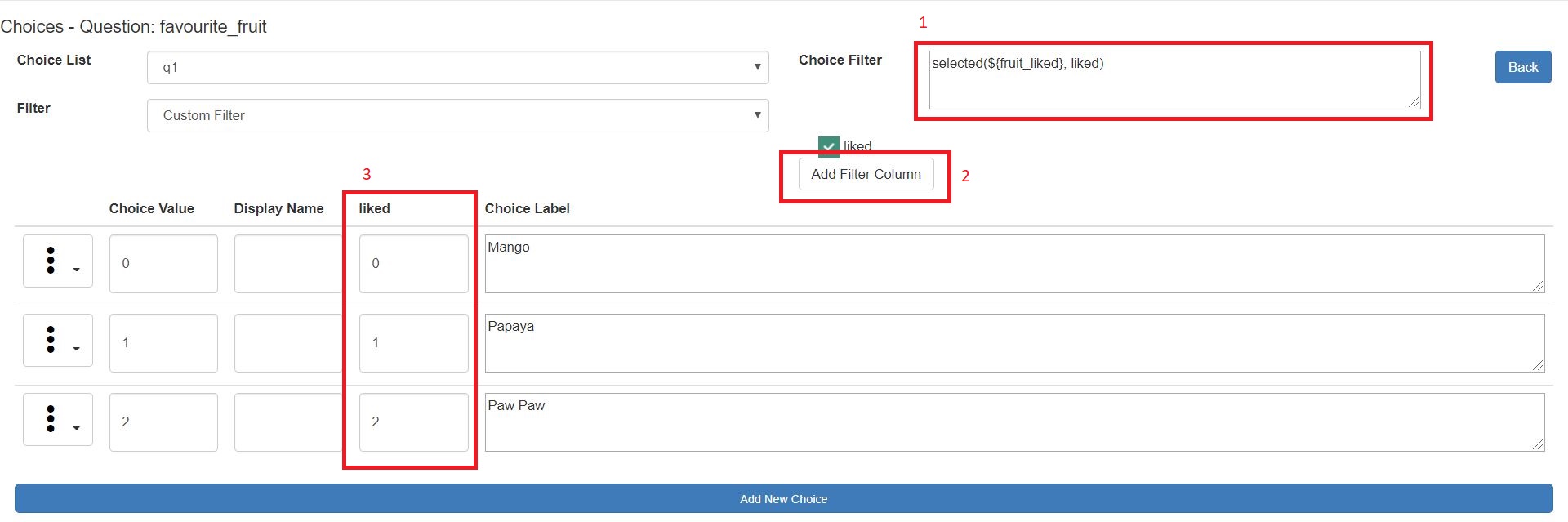 Choices being specified using Online choice Filter