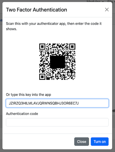 The add 2 factor authentication dialog open showing a QR code that can be scanned by an authenticator app