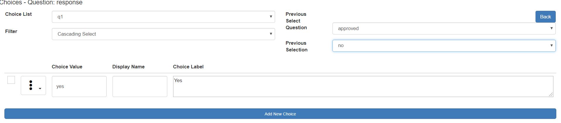 Repeating the selection of choices for a different previous value