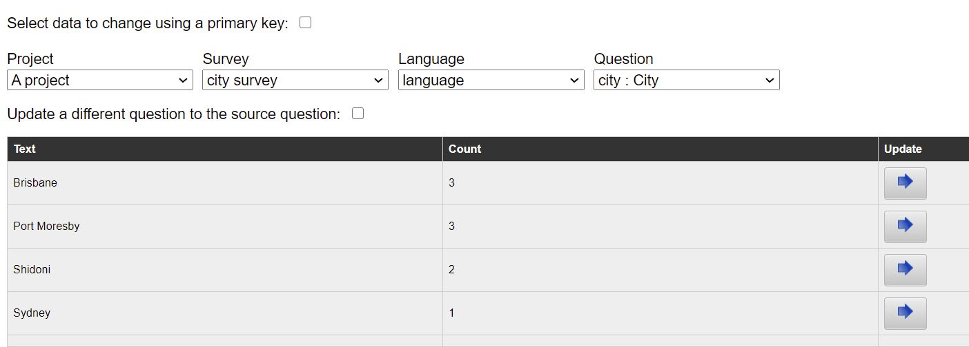 A text question selected for cleaning showing some data with misspelt answers.